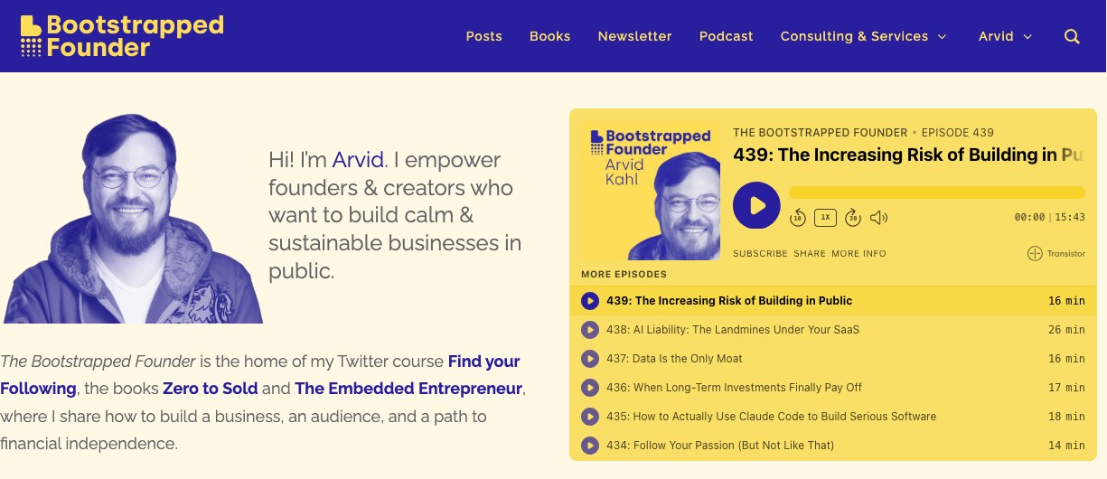 The Bootstrapped Founder homepage introducing Arvid Kahl's audience of founders and creators and linking his books, course, podcast, and newsletter.