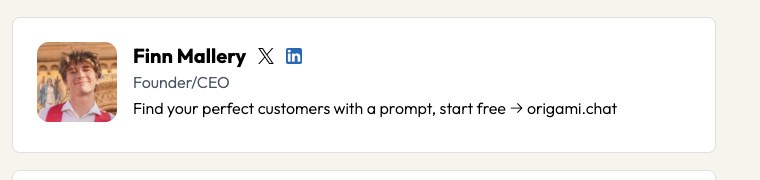 Finn Mallery's founder card in Y Combinator's Origami directory, showing his founder and CEO role and product description.