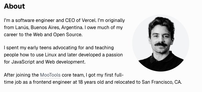 Opening of Guillermo Rauch's About page, introducing him as a software engineer and Vercel CEO and describing his web and open-source background.